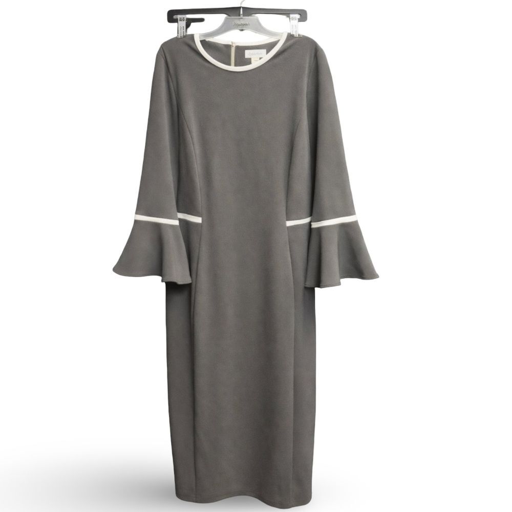Calvin Klein Sheath Dress Black Bell Sleeve 3/4 Sleeve White Trim Knee Length 8
